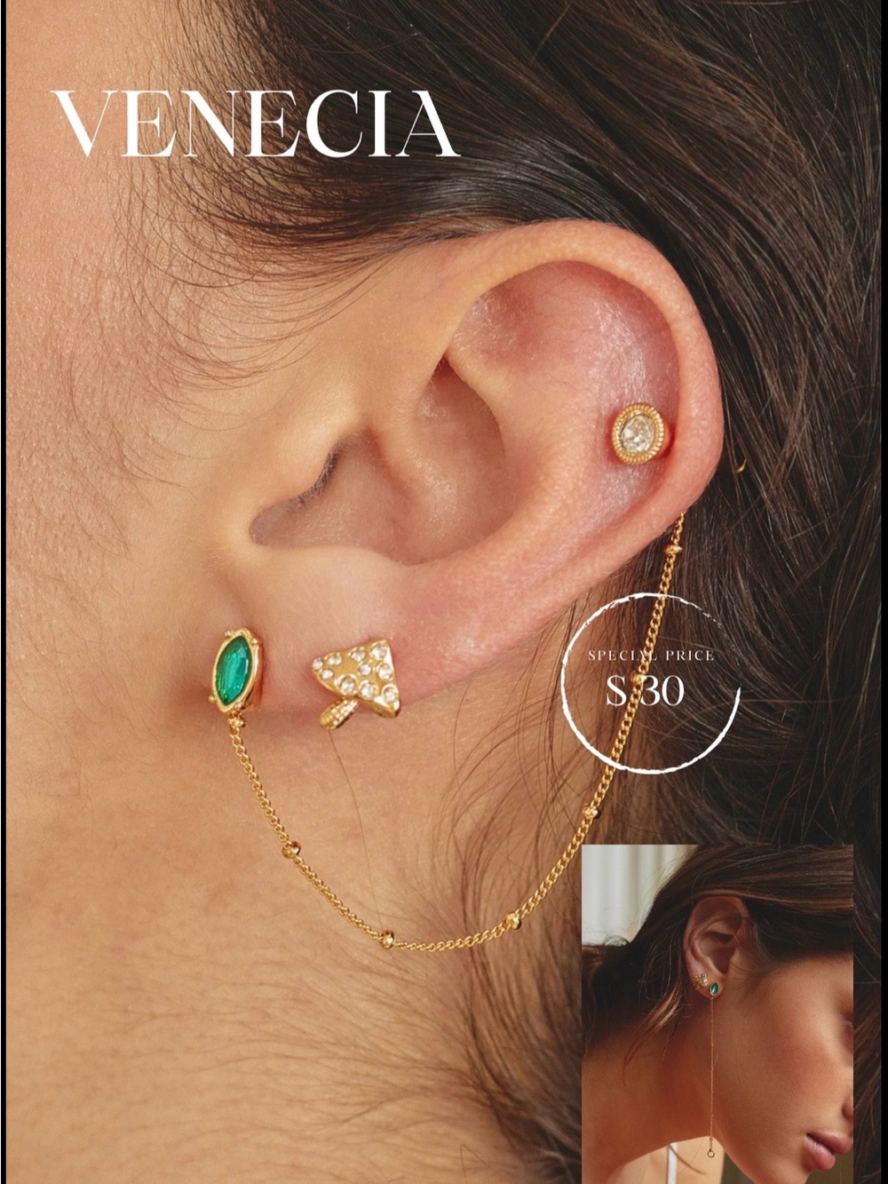 Venecia Gold Plated Emerald-Accent Ear Chain Earrings